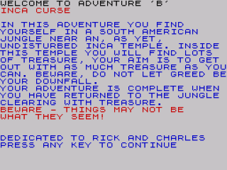 Adventure B: Inca Curse title screen for ZX Spectrum
